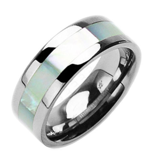 Spikes Titanium Band Ring with Mother of Pearl Inlay Size 14