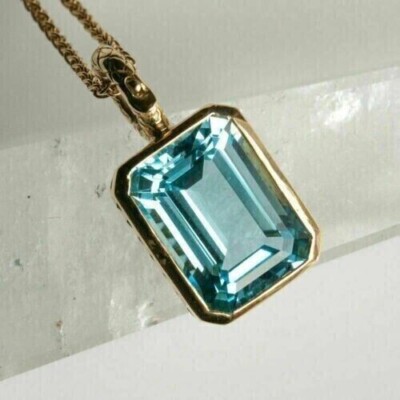 4Ct Emerald Cut Aquamarine Solitaire Pendant 14K Yellow Gold Plated Free Chain