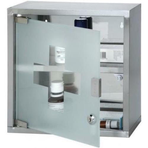 Armadietto Armadio Porta Medicinali Acciaio Inox Vetro Satinato 30x12x30Cm