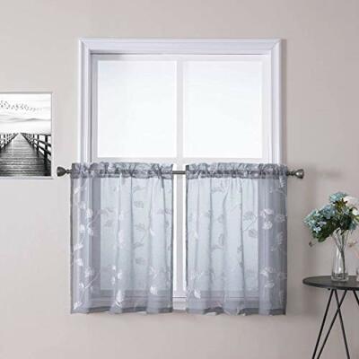 LinTimes Tende, tinta unita, con ricamo floreale, in voile trasparente (t5x)