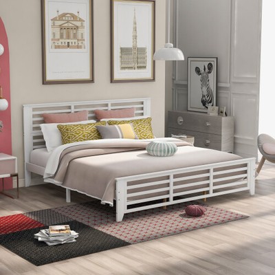 King size Wooden Platform bed with horizontal strip hollow shape Headboard White