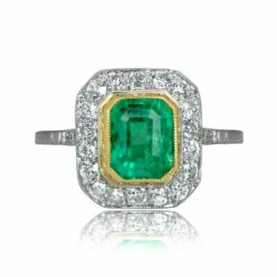 3 CT Emerald Cut Simulated Diamond Emerald Halo Ring 14K  Tone-Tone Gold Finish