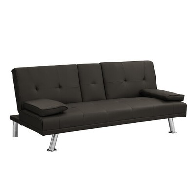 Sofa Bed With Armrest Two Holders Wood Frame, Stainless Leg, Futon Brown PVC