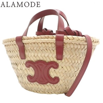 Celine Triomphe Pannier Basket Mini Tote Bag Shoulder Hand Raffia Leather Bordea