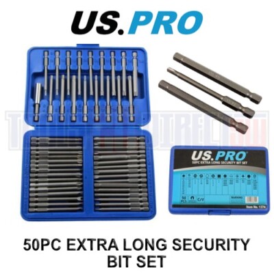 US PRO 50pc Extra Long Security Bit Set, Torx, Tamper, Hex, Spline 1374