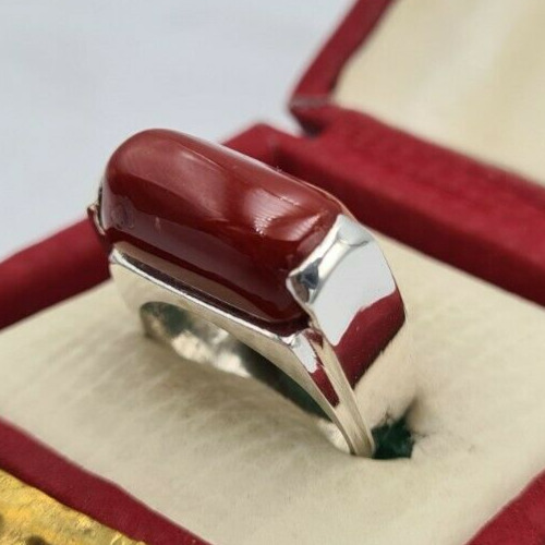 Pre-owned Handmade Natural Dark Deep Red Coral Moonga Coral Ring Marjan Unisex Ring Silver Jewelry