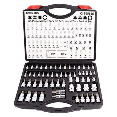 60-Pc Master Torx Bit Socket and External Socket Set 1/4'', 3/8'', 1/2'' Drive, ...