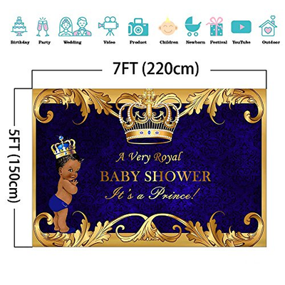 Royal Prince Baby Shower Backdrop BLACK Boy GOLD Crown Photography Background