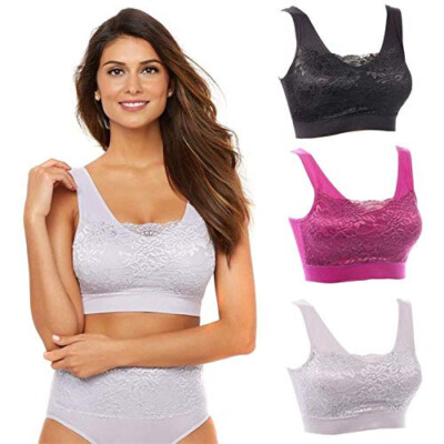 Rhonda Shear 557604 Lace Overlay 3-pack Bra, Removable Pads,Stormy Skies ,Size M