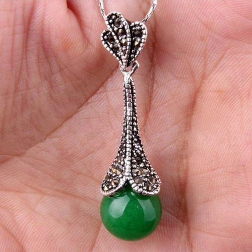 Natural Green Jade Gemstone 925 Sterling Silver Marcasite Necklace Pendant
