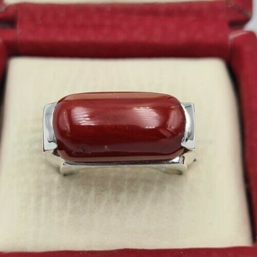 Pre-owned Handmade Natural Dark Deep Red Coral Moonga Coral Ring Marjan Unisex Ring Silver Jewelry