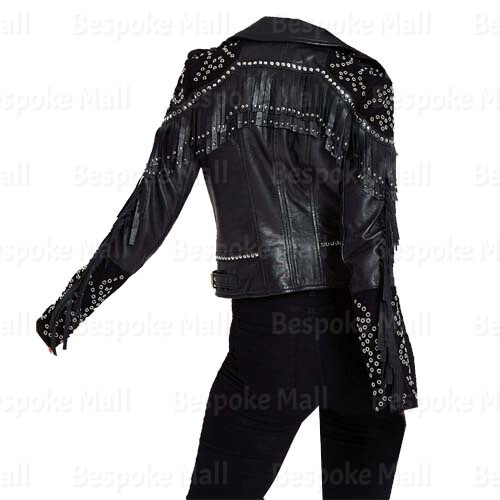 Pre-owned Handmade Women Brando Stylish Silver Studs Black Cowhide Leather Jacket-224