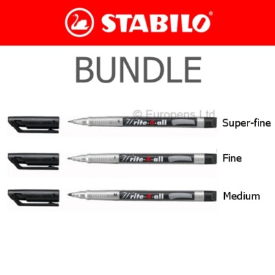 Stabilo Write4All Black Permanent Marker Pens Waterproof   SF + F + M (3 pack)