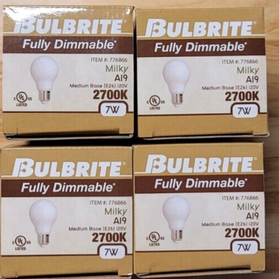Bulbrite 60W Equivalent Warm White Light A19 Dimmable LED 4 Pack