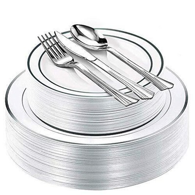 Fancy Party Disposable Plastic Plates - With Cutlery - 250 Piece Combo Set| 5...