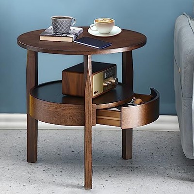 Round Wood Side Table With Drawer Solid Wood Circle Coffee Tables For Living Roo