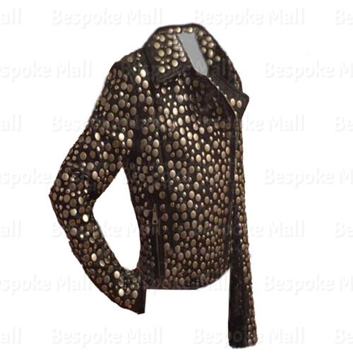 Pre-owned Handmade Woman's Black Silver Studded Brando Style Cowhide Biker Leather Jacket-795