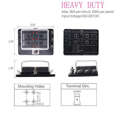 6-Way Blade Fuse Box Block Holder LED Indicator for 30A  32V Car Marine US