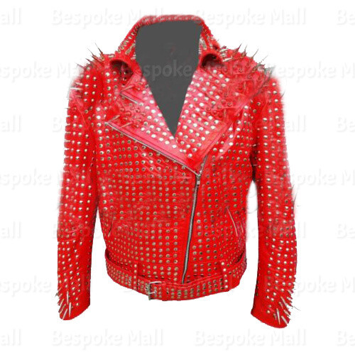 Pre-owned Handmade Men's Red Punk Silver Long Spiked Studded Brando Cowhide Leather Jacket-528