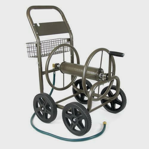 250' 13 Gauge Steel 4 Wheel Garden Water Hose Reel Cart w/ Storage Basket