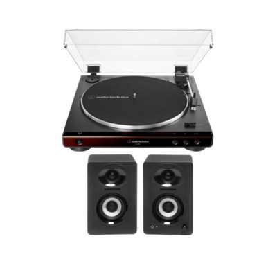 Audio-Technica AT-LP60X Belt-Drive Stereo Turntable (Brown) with Speakers Pair