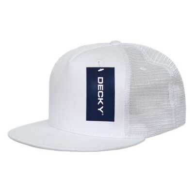 5 Panel Flat Bill Trucker Cap - White (Decky 1040-WHT, New with Tags)