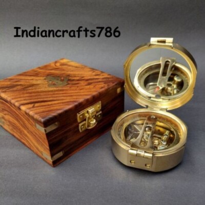 Premium Vintage Shiny Brass Finish Stanley Brunton Compass With Wooden Box Gift