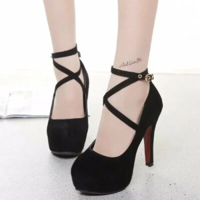 12CM High Heels Women 2024 New Round Toe Platform Women's Pumps Buckle Strap 