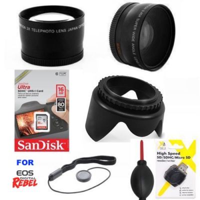WIDE ANGLE LENS + HD ZOOM LENS +16GB FOR CANON EOS REBEL 200D WITH 18-55MM LENS