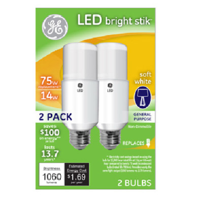GE LED Bright Stik Soft White Bulbs, 2 Pack, 75W