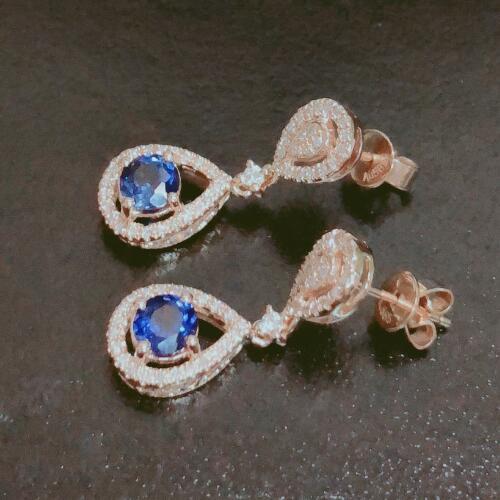 Pre-owned Jewe2004 Natural Diamond Round Blue Sapphire Drop Earrings Solid 14k Rose Gold Jewelry