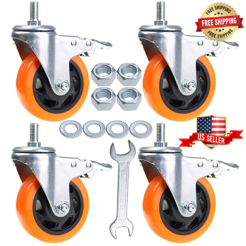 4Pcs Stem Casters Heavy Duty Swivel Threaded Stem Wheels 1/2''13X1'' with Brakes