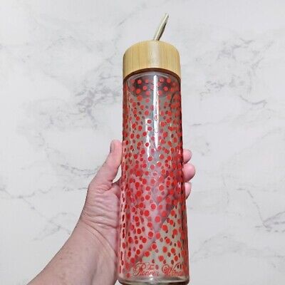 The Pioneer Woman Glass  Clear Red Polka Dot Water Bottle 20 oz Bamboo Lid