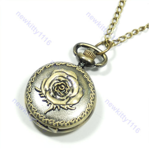 Retro-Bronze-Tone-Necklace-Chain-Rose-Flower-Pendent-Quartz-Pocket-Watch-Gift