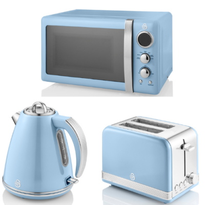 SWAN Retro Blue Kitchen Set of 3 Jug Kettle 2 Slice Toaster Digital Microwave