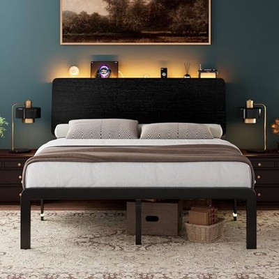 Size Bed Frame with Ergonomic Wooden Storage Headboard, LED Bed Queen Black