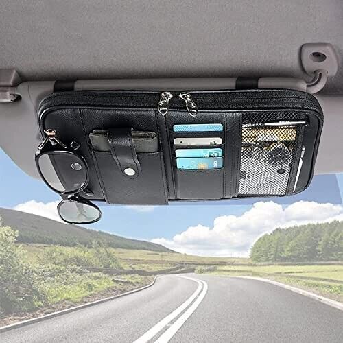 Sun Visor Sunglass Document Storage Multi-Pocket With Zipper Net Black 