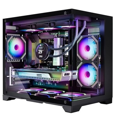 MATX PC Case with 6 ARGB Fans Pre-Installed, Panoramic Tempered Glass, Black