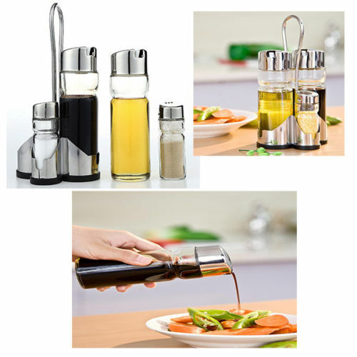Set Olio Aceto Sale Pepe 4 Pezzi Cestello Da Cucina Oliera Ristorante Vetro sus