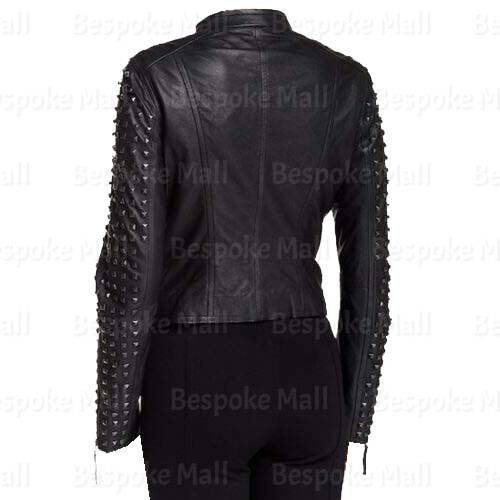 Pre-owned Handmade Women's Black Punk Unique Silver Studded Zipper Cowhide Leather Jacket-284