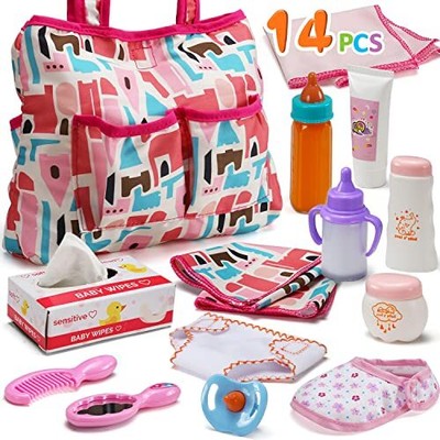 14 Pack Baby Doll Accessories Feeding and Caring Set Includes Diaper Bag Diap...