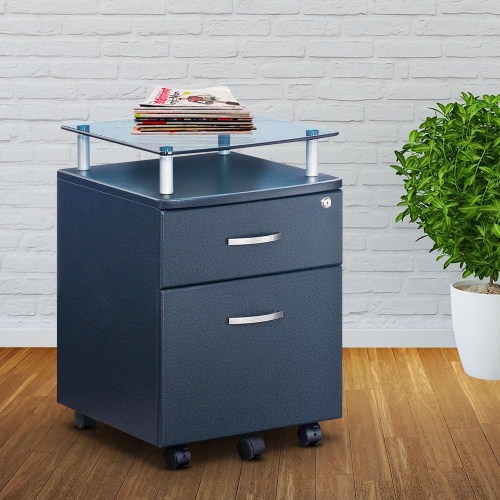 Rolling File Cabinet with Glass Top Shelving Storage Organizer Office Furniture