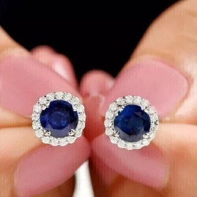 Round Lab-Created Sapphire Stud Earring 14K White Gold Plated 2 CT