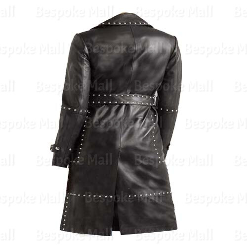 Pre-owned Handmade Womens Classic Brando Style Full Silver Studded Belted Leather Long Coat-885