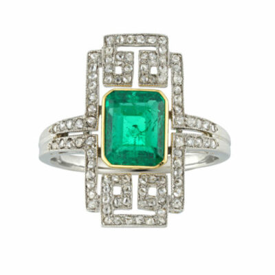 Openwork Geometric Rectangular Plaque Millegrain Set Green Emerald & CZ Ring