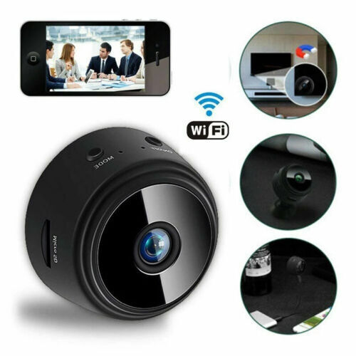 Compact wireless surveillance camera with smartphone connectivity.