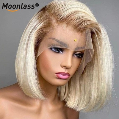 613 13x4 Lace Front HumanHair Wig Blonde 613 Brazilian Straight Bob  Ombre Root 