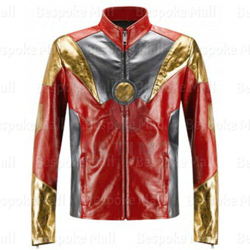 Pre-owned Handmade Iron Man Hollywood Movie Red Golden Style Real Cowhide Leather Jacket-521