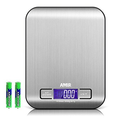 AMIR Digitale Küchenwaage, 5000g x 1g (5KG mit 6 Wiegeeinheiten|Schwarz)