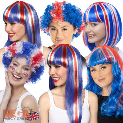 WIG ME UP Perücke Damen – UK Flagge Union Jack, Lange Locken In Blau-weiß-rot Für Karneval & Party
